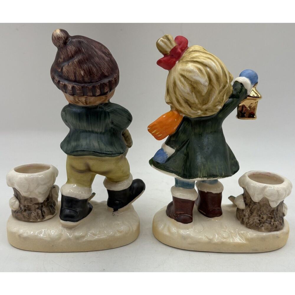 Vintage Napco X - 8368 Christmas‎ Candle Holders- Boy w Holly Basket Girl w Lamp - Picture 2 of 5